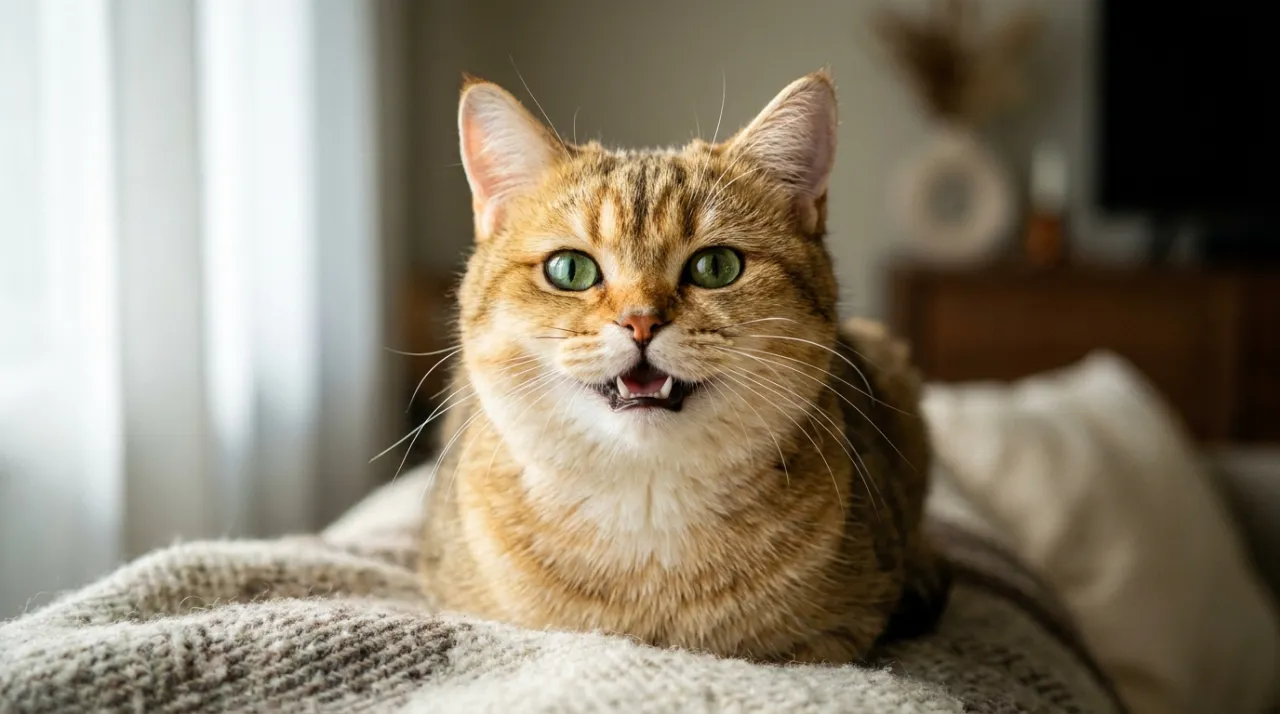 Gato tabby saudável e feliz olhando para a câmera com foco na cabeça e focinho limpo