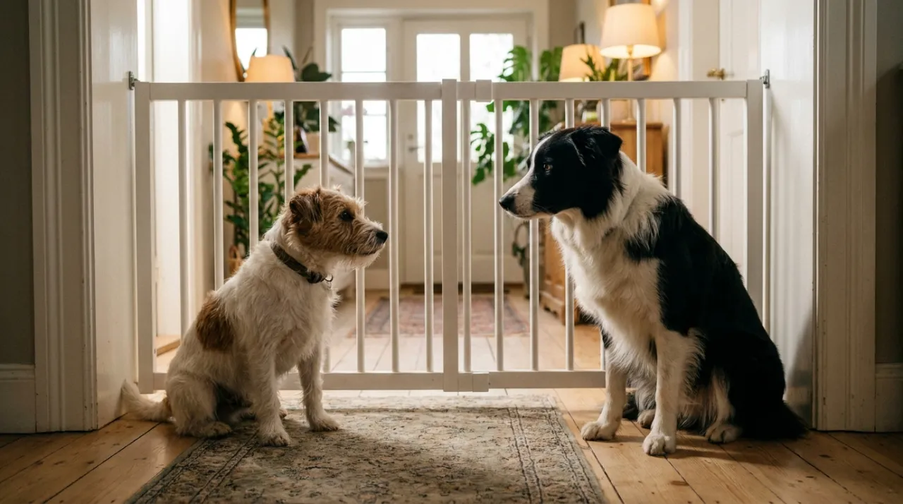Dois cachorros se olhando calmamente através de um portãozinho de bebê branco em um corredor iluminado.