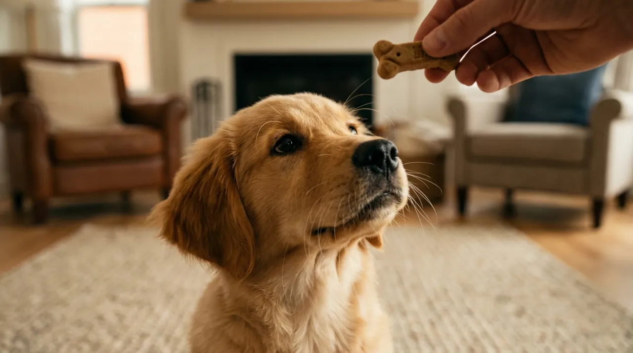 Filhote de Golden Retriever sentado prestando atenção em um petisco durante treino em casa