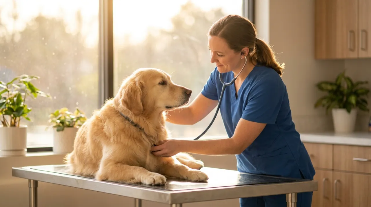 Veterinária examinando cão Golden Retriever de forma acolhedora em consultório iluminado