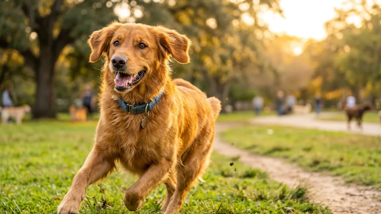 Cão brincando no parque, representando a alegria de um pet saudável e vacinado.