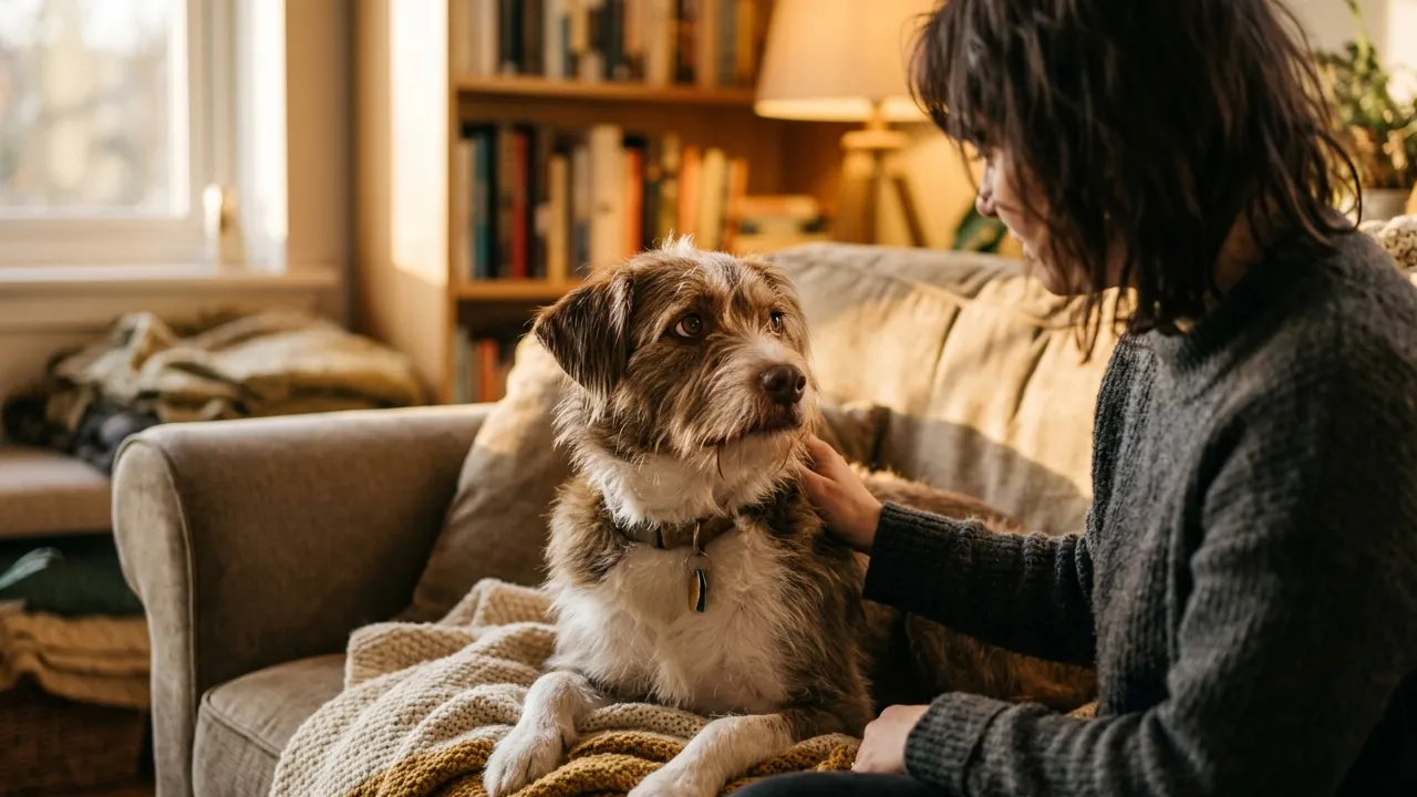 Cão preocupado em ambiente acolhedor com iluminação suave