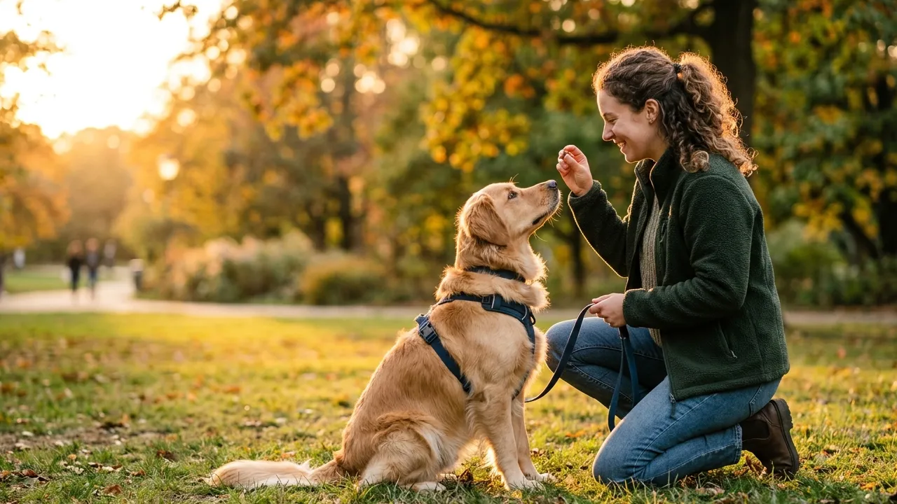 Cão sendo treinado em um parque durante o pôr do sol, com foco na interação entre tutor e animal.