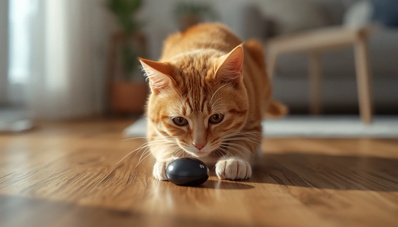 Gato curioso interagindo com um brinquedo eletrônico em um ambiente aconchegante.