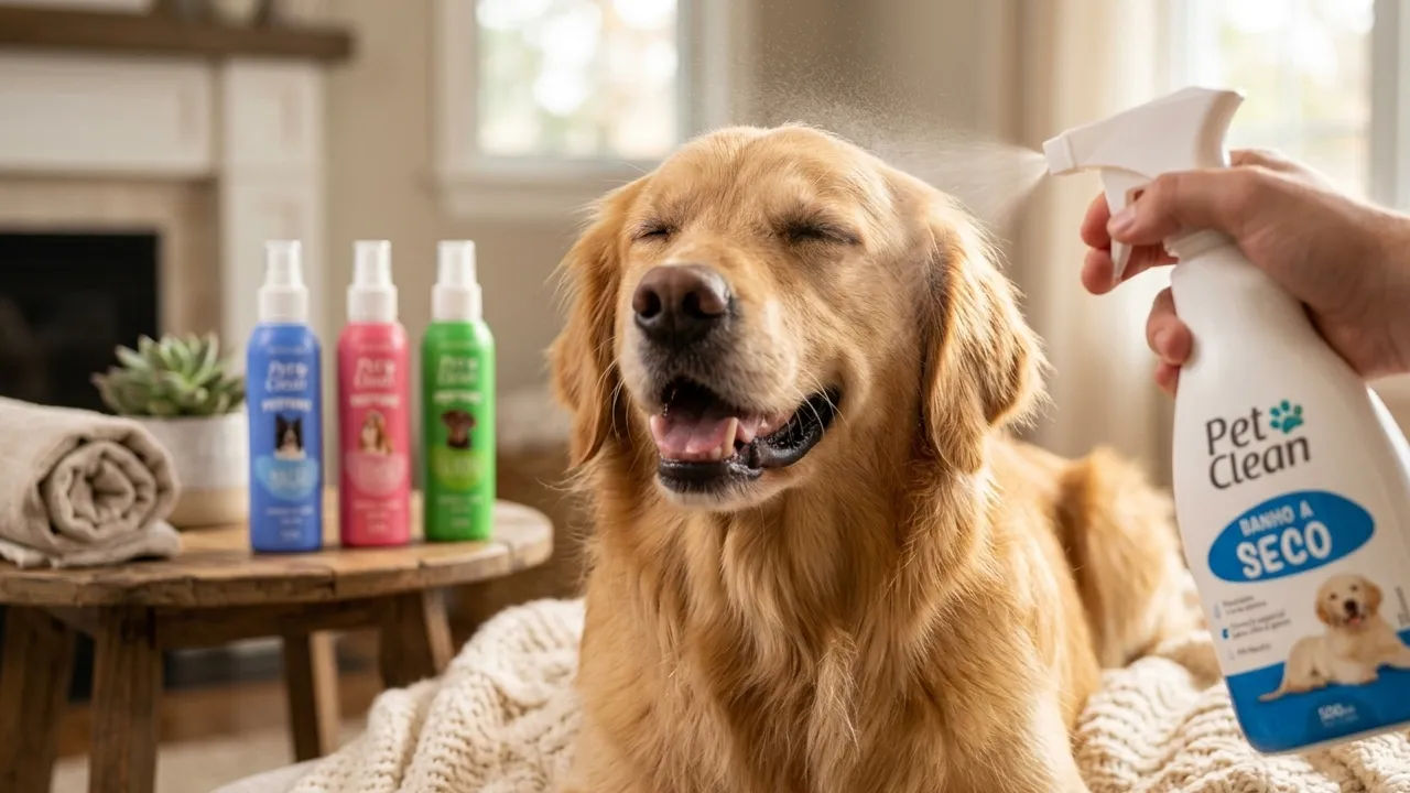 Cão feliz recebendo banho seco com produtos de higiene para pets