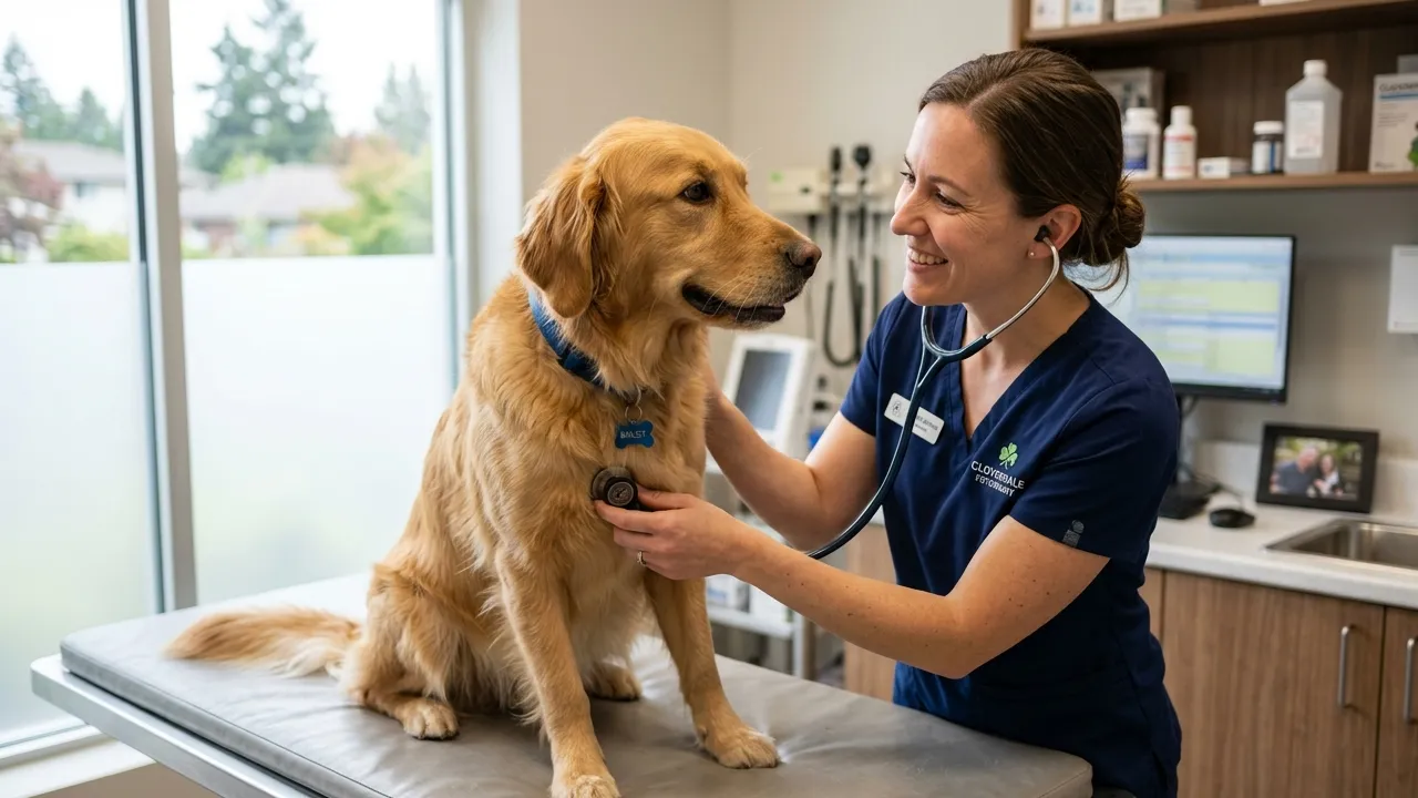 Veterinária examinando um cão em uma clínica veterinária