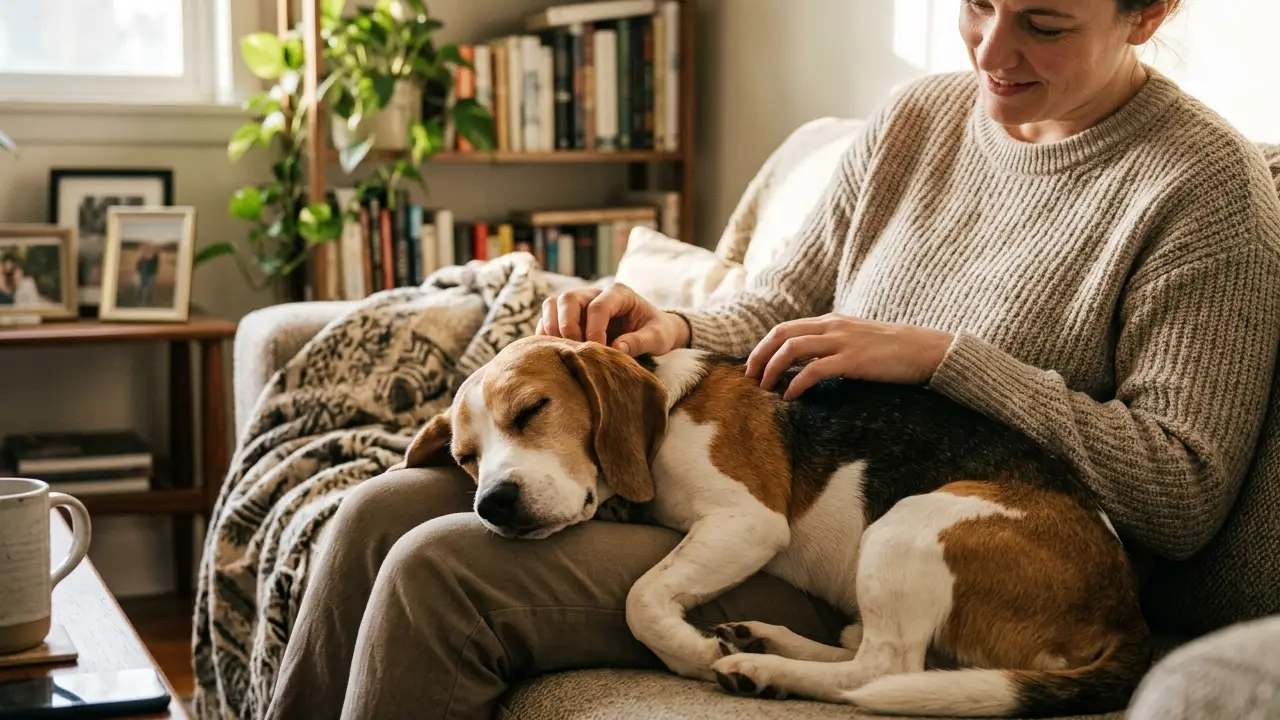 Beagle relaxando no colo do tutor em uma sala de estar aconchegante.