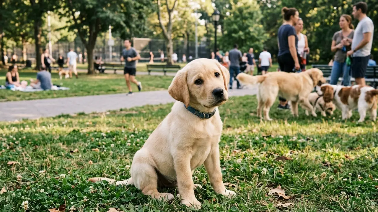 Filhote de Labrador em parque, observando interações sociais ao fundo.