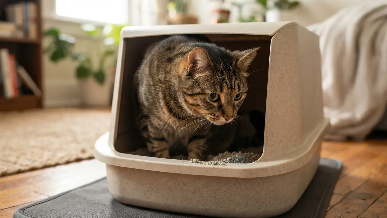 Gato feliz usando caixa de areia em um ambiente calmo
