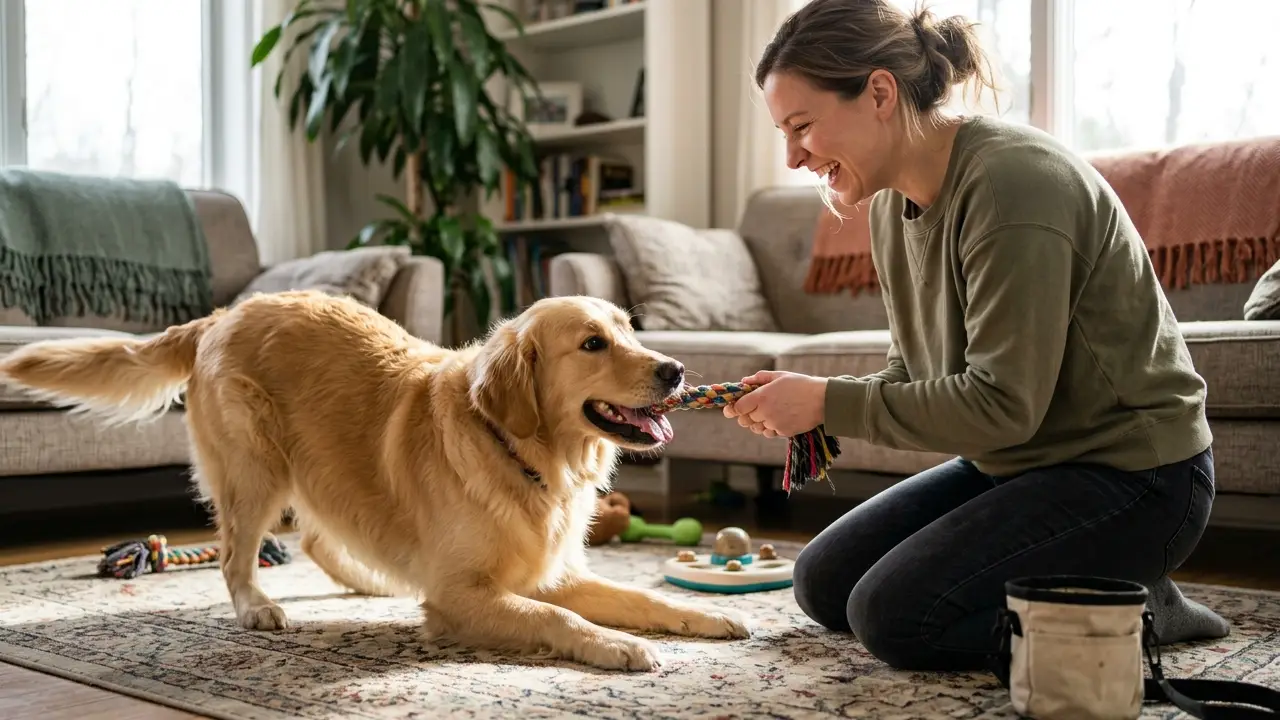 Tutor brincando com um Golden Retriever usando um brinquedo interativo em casa.