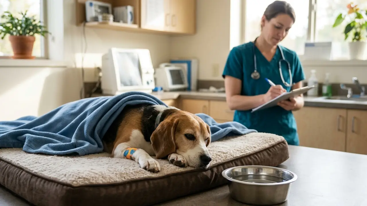 Beagle descansando enquanto o veterinário registra as orientações de acompanhamento.