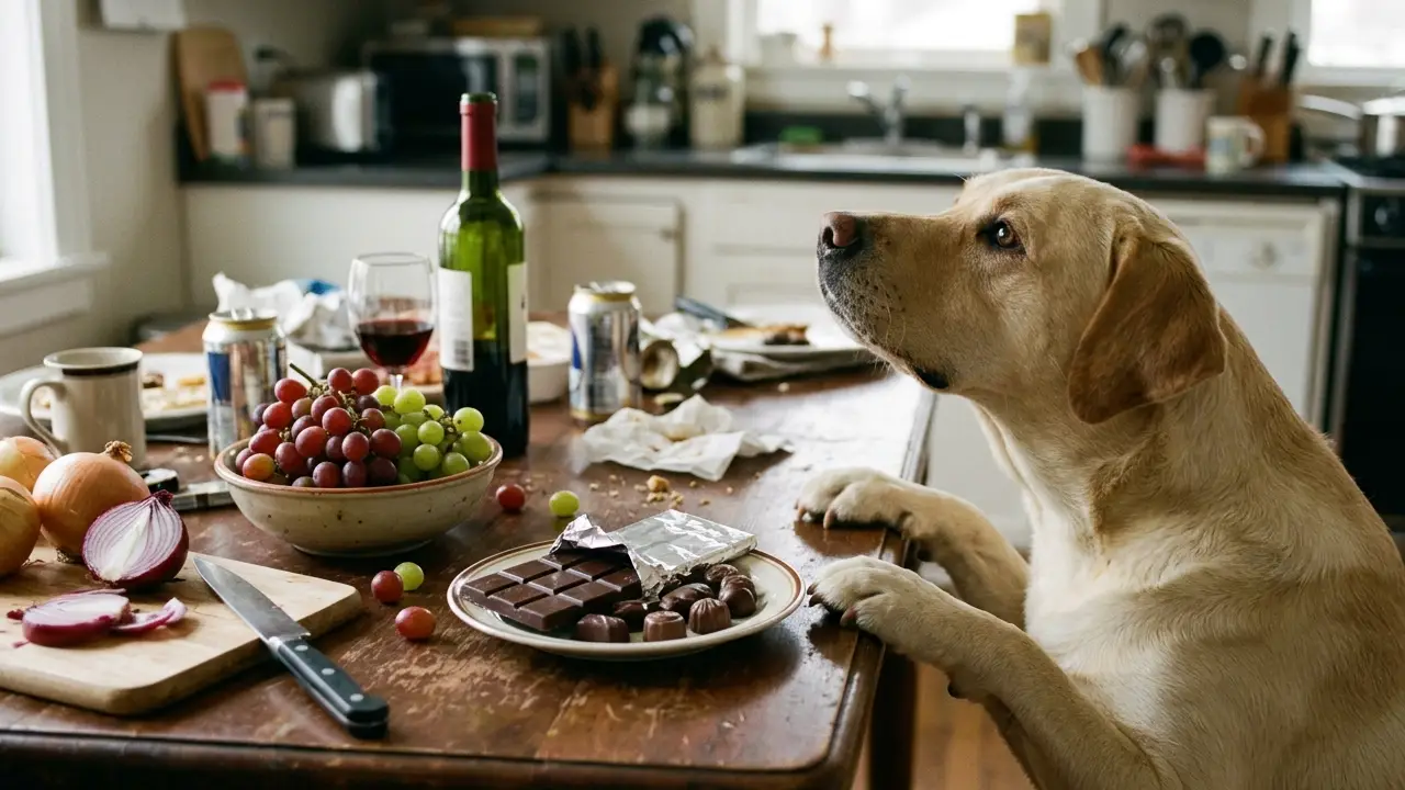 Um Labrador se aproxima de uma mesa com alimentos perigosos como chocolate, cebola e uvas, representando a curiosidade do cão em relação a alimentos proibidos.