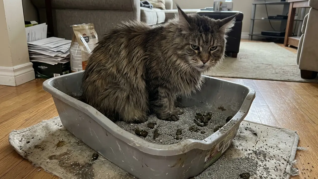 Um gato Maine Coon mostrando desconforto ao olhar para uma caixa de areia suja em uma sala de estar.