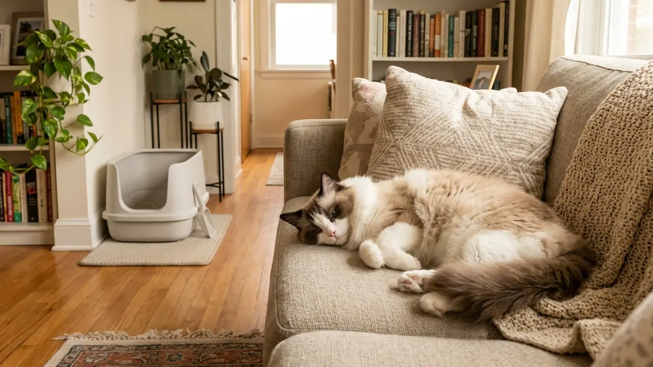 Gato Ragdoll relaxado em um sofá, representando conforto e bem-estar.