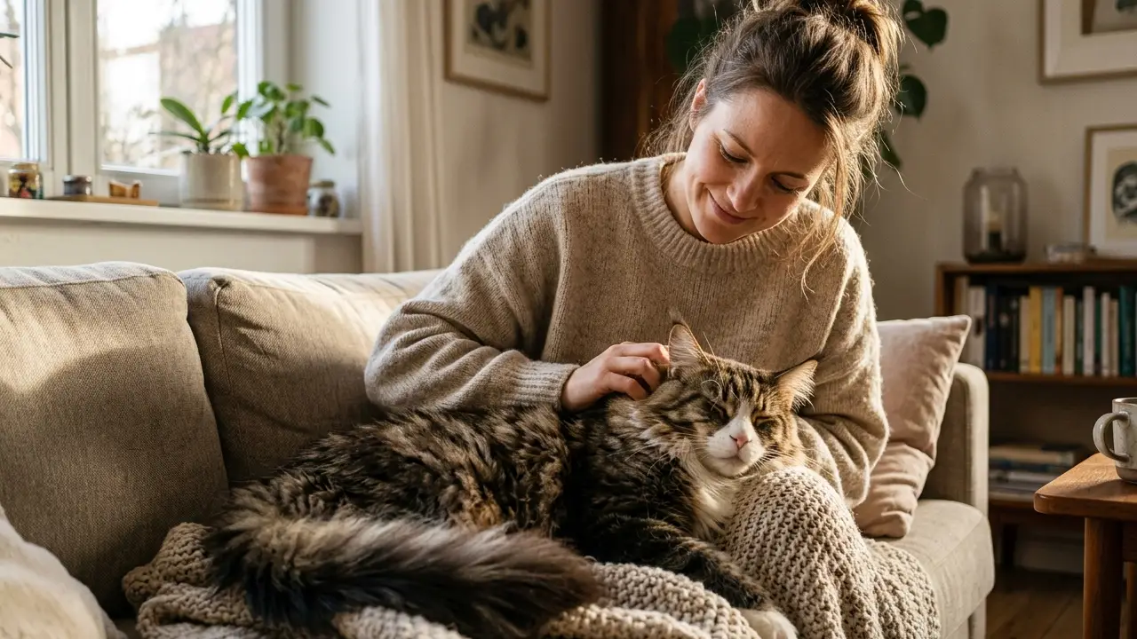 Uma pessoa acariciando um gato Maine Coon em uma sala de estar aconchegante, representando os benefícios da companhia felina para a saúde mental.