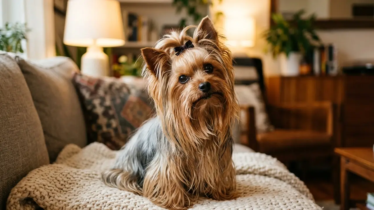 Yorkshire Terrier em um sofá, mostrando sua pelagem sedosa e cercado por brinquedos