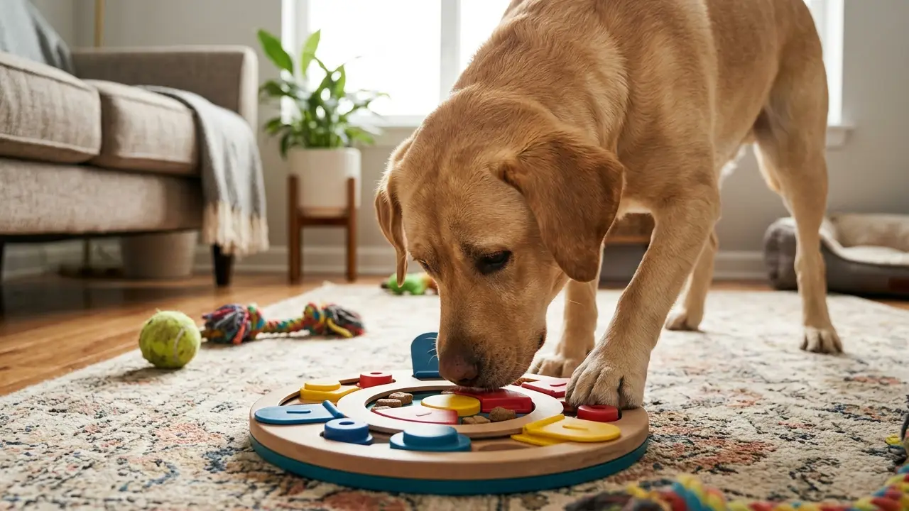 Um Labrador Retriever concentrado em um brinquedo interativo de esconde-esconde, buscando petiscos em uma sala de estar iluminada.