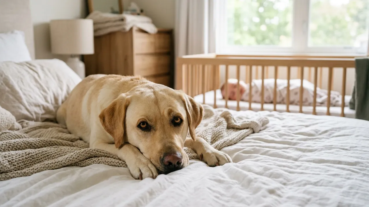 Cão Labrador relaxando perto de um bebê no berço, simbolizando a harmonia entre pets e crianças.