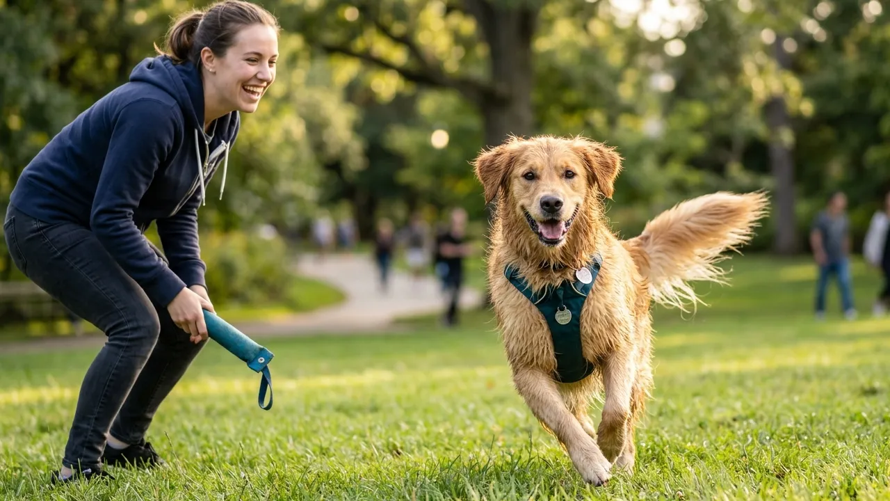 Cão bem treinado em parque, mostrando a alegria do adestramento positivo