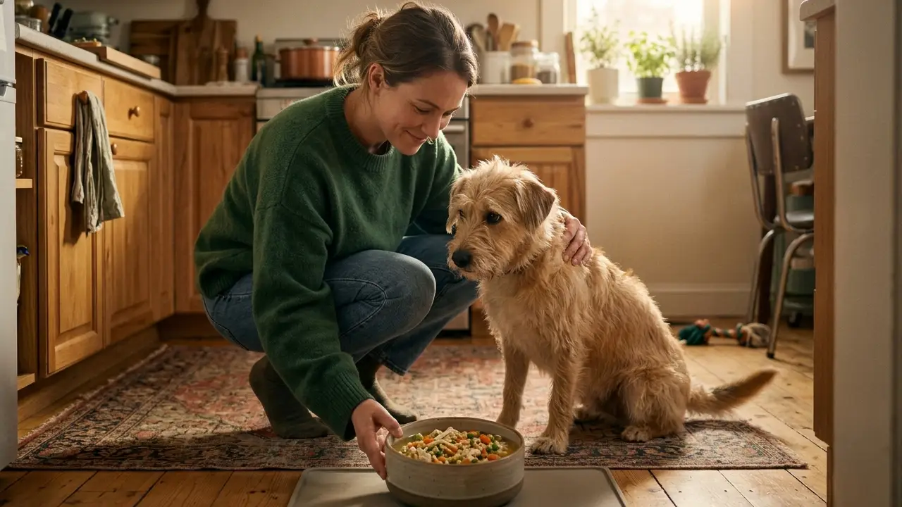 Tutor oferecendo uma refeição caseira ao seu cão em casa